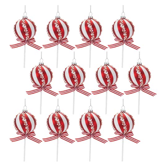94500DS 6 in. Glass & Resin Cake Pop Ornament, Red & White - Set of 12